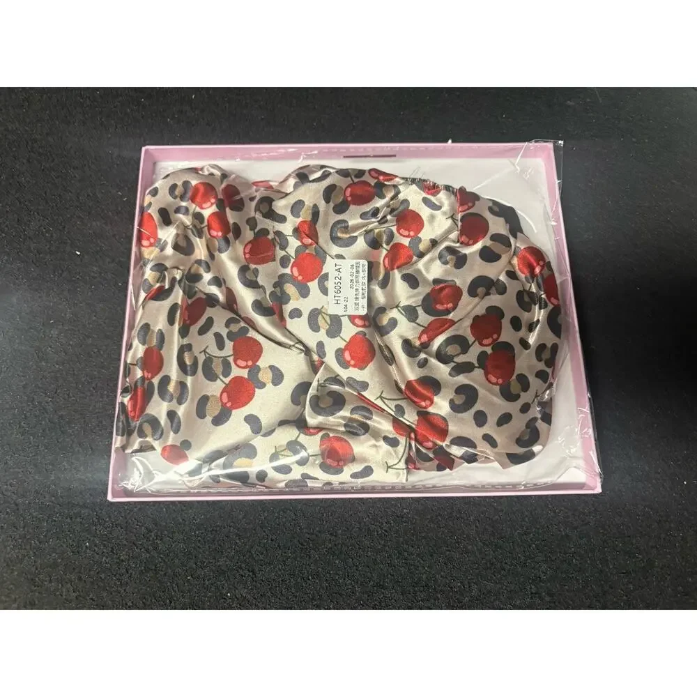 Satin Sleep Bonnet Double Layer Cherry Leopard Print Adjustable Hair Cap